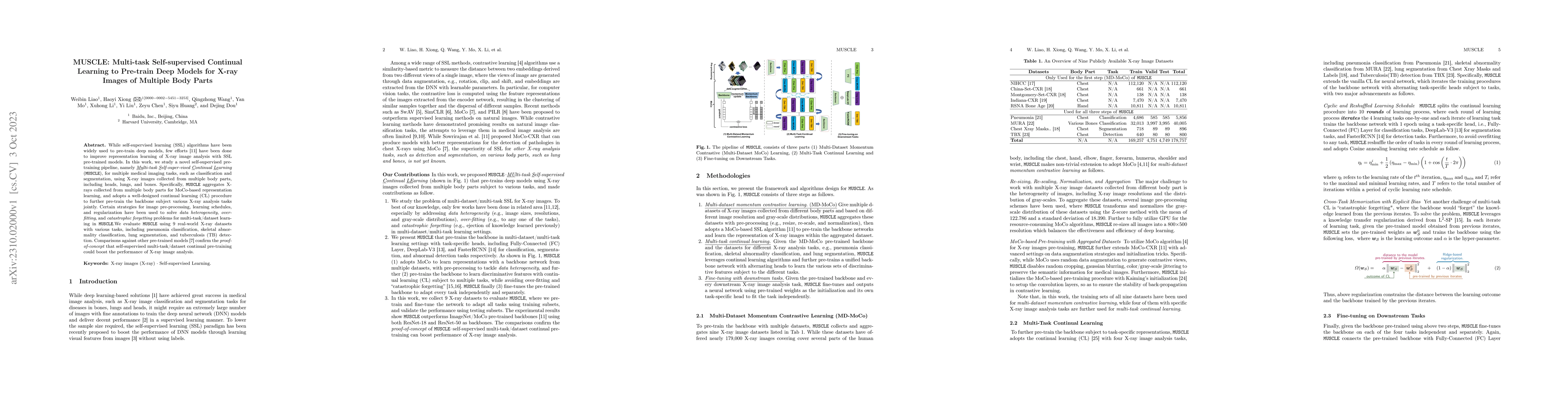 Thumbnail for MUSCLE: Multi-task Self-supervised Continual Learning to Pre-train Deep
  Models for X-ray Images of Multiple Body Parts
