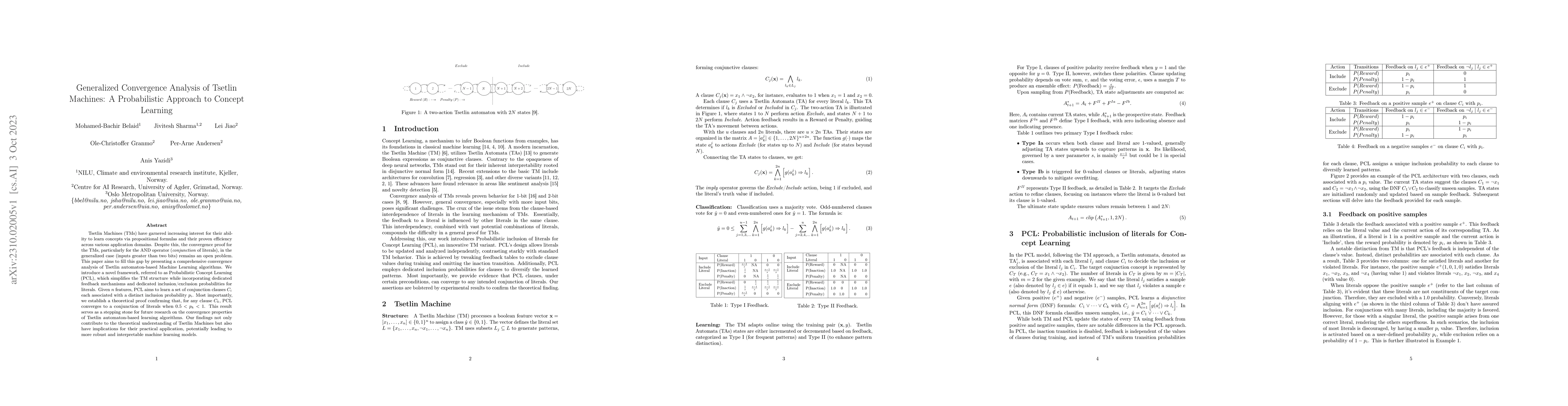 Thumbnail for Generalized Convergence Analysis of Tsetlin Machines: A Probabilistic
  Approach to Concept Learning