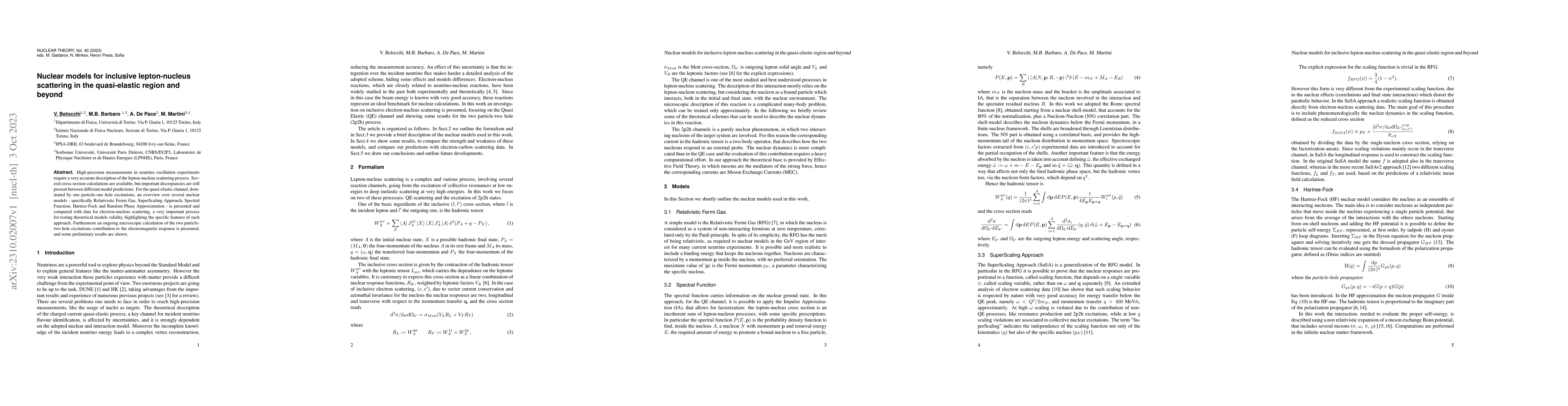 Thumbnail for Nuclear models for inclusive lepton-nucleus scattering in the
  quasi-elastic region and beyond
