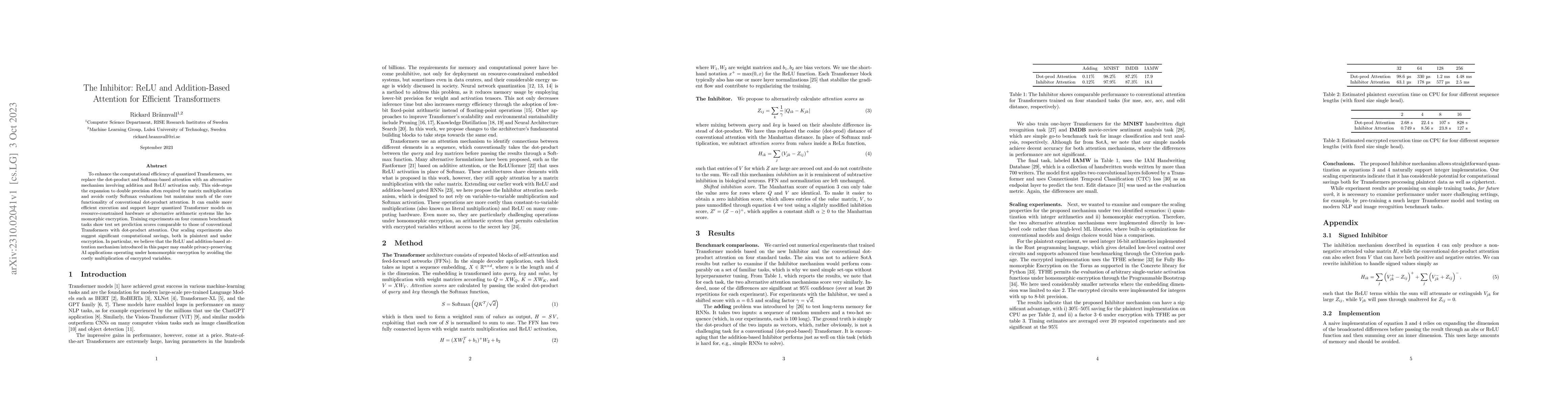 Thumbnail for The Inhibitor: ReLU and Addition-Based Attention for Efficient
  Transformers