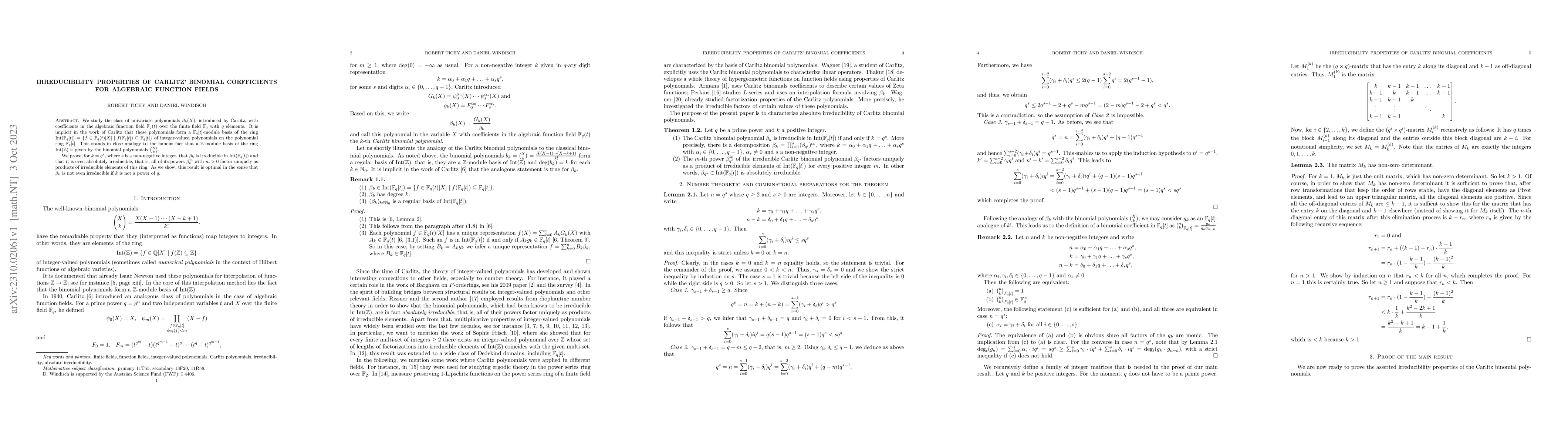 Thumbnail for Irreducibility properties of Carlitz' binomial coefficients for
  algebraic function fields