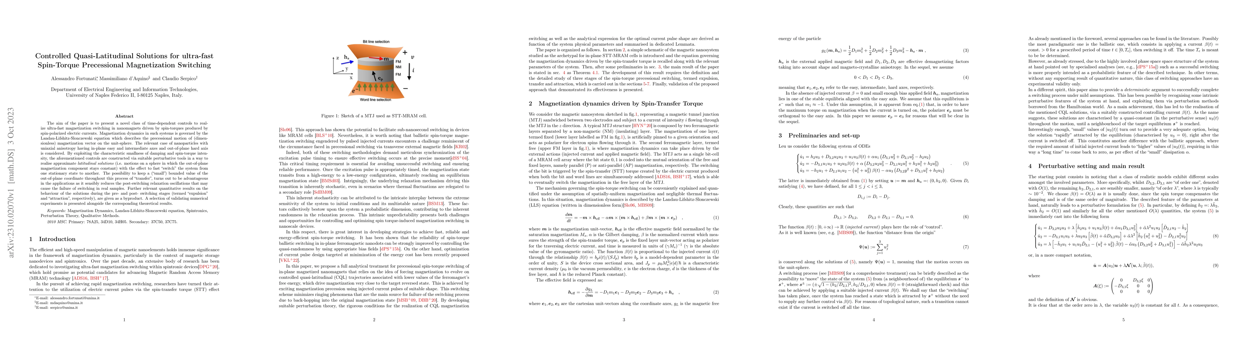 Thumbnail for Controlled Quasi-Latitudinal Solutions for ultra-fast Spin-Torque
  Precessional Magnetization Switching