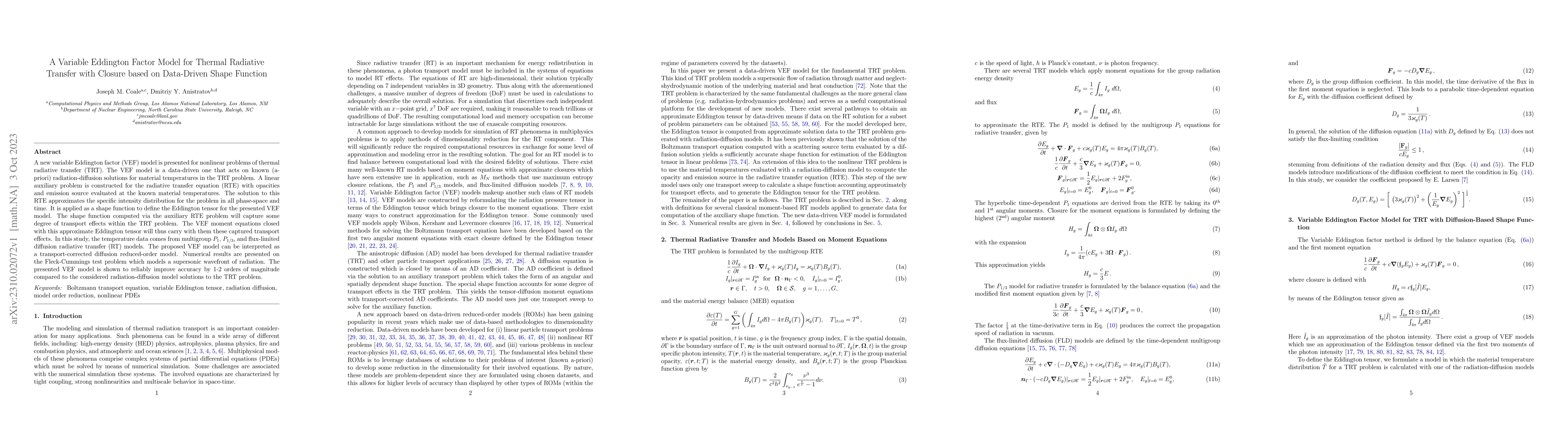 Thumbnail for A Variable Eddington Factor Model for Thermal Radiative Transfer with
  Closure based on Data-Driven Shape Function