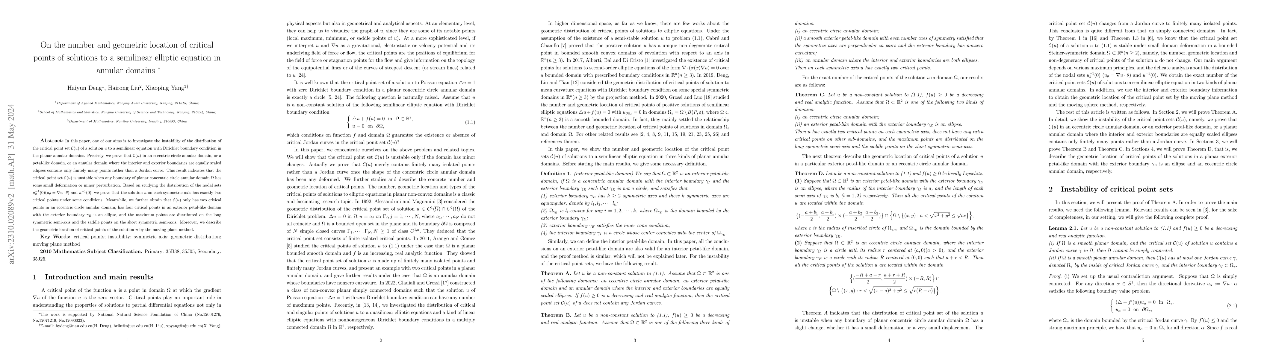 Thumbnail for On the number and geometric location of critical points of solutions to
  a semilinear elliptic equation in annular domains