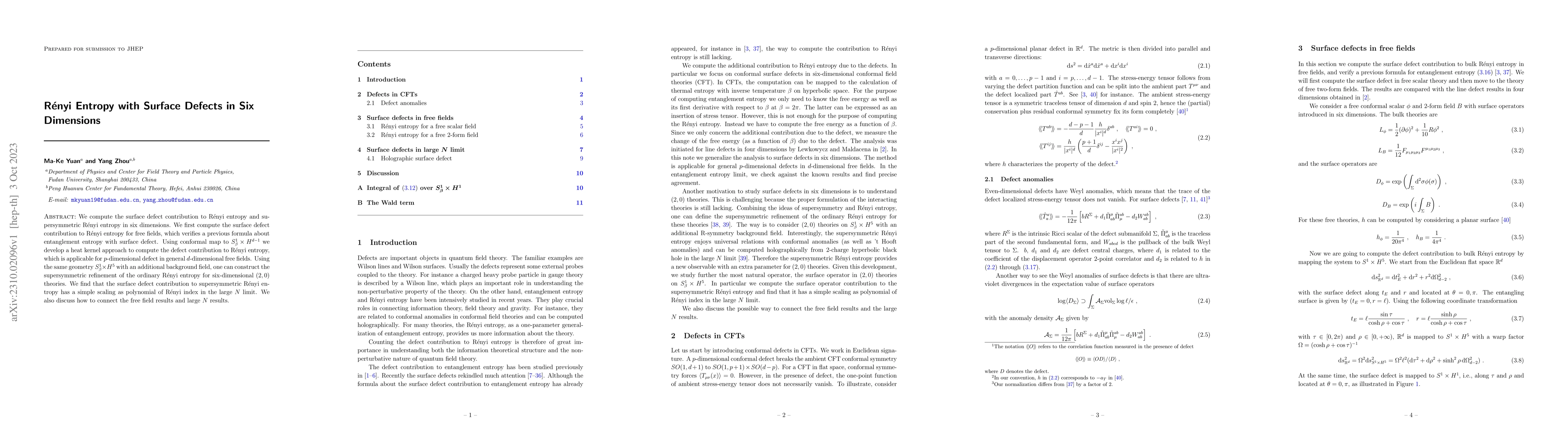 Thumbnail for R\'{e}nyi Entropy with Surface Defects in Six Dimensions