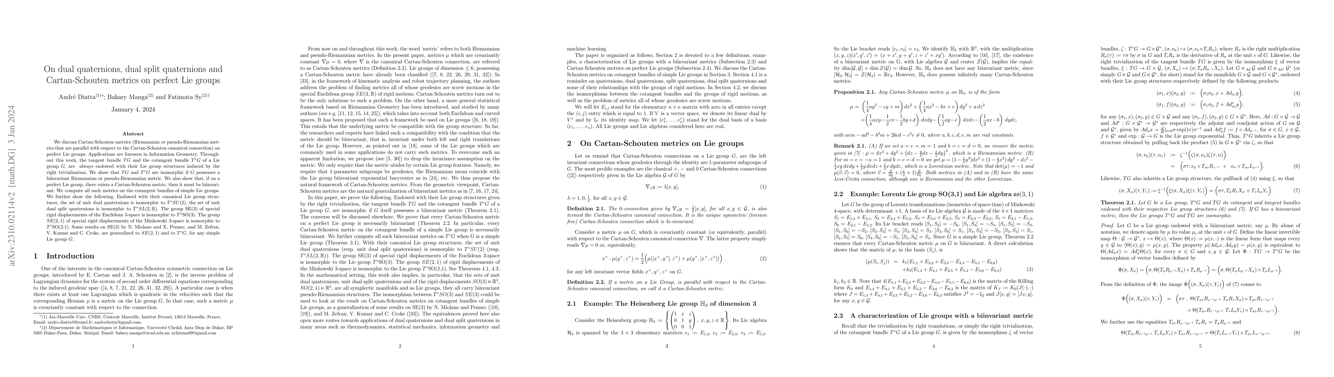 Thumbnail for On dual quaternions, dual split quaternions and Cartan-Schouten metrics
  on perfect Lie groups