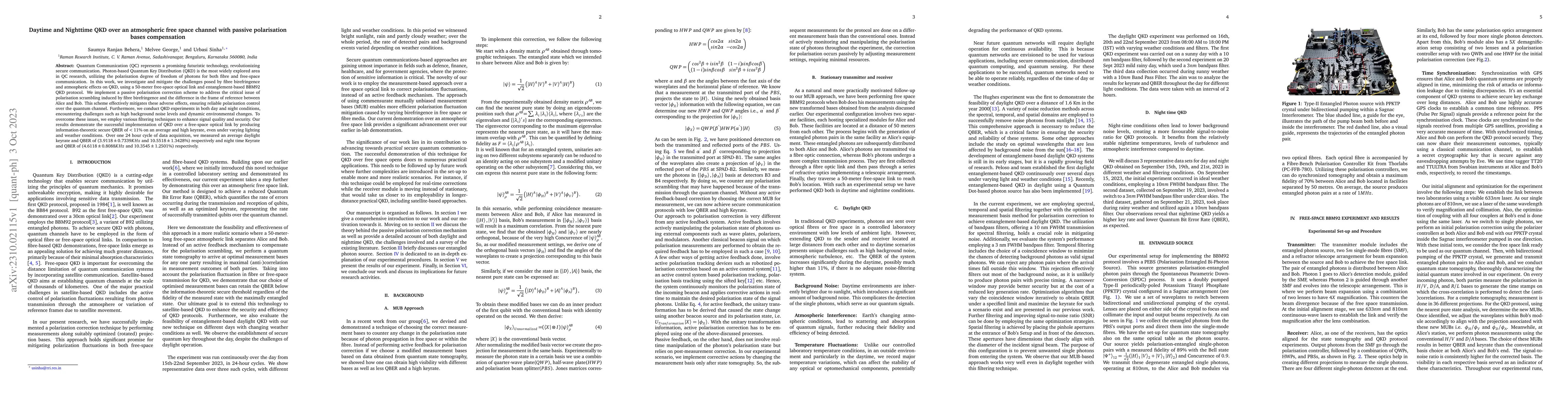 Thumbnail for Daytime and Nighttime QKD over an atmospheric free space channel with
  passive polarisation bases compensation