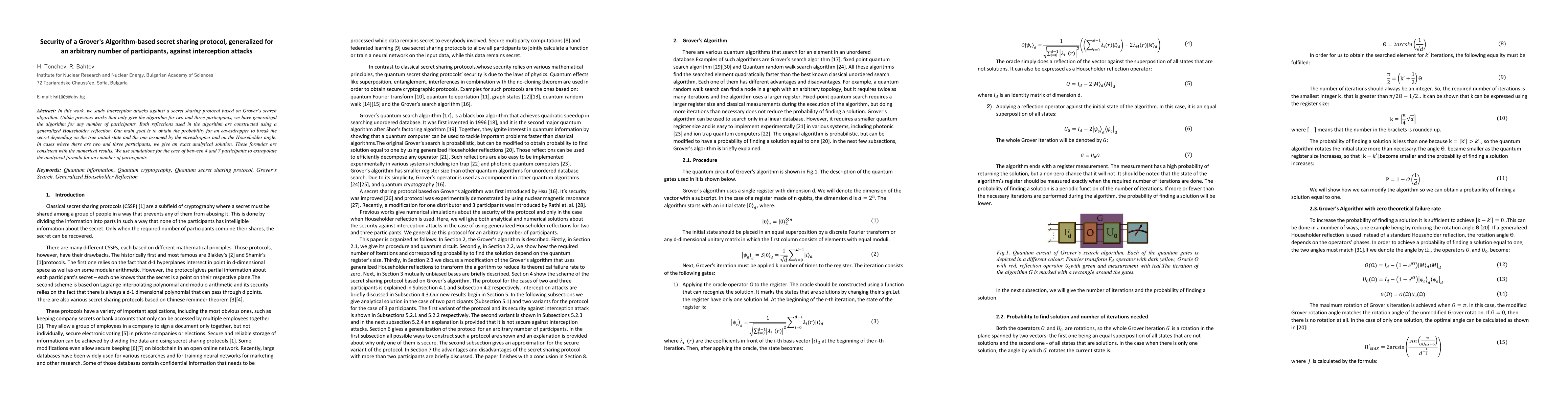 Thumbnail for Security of a Grover's Algorithm-based secret sharing protocol,
  generalized for an arbitrary number of participants, against interception
  attacks