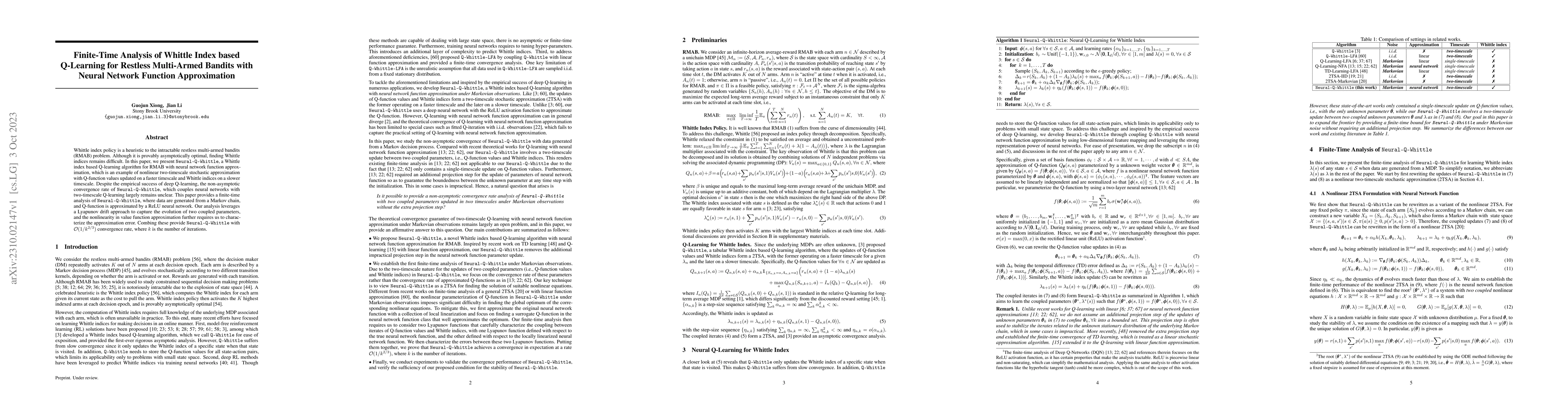 Thumbnail for Finite-Time Analysis of Whittle Index based Q-Learning for Restless
  Multi-Armed Bandits with Neural Network Function Approximation