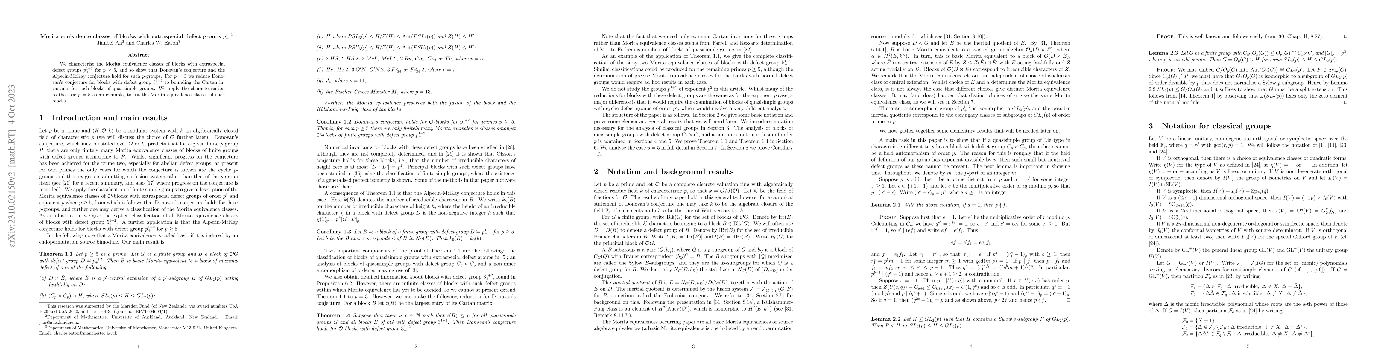 Thumbnail for Morita equivalence classes of blocks with extraspecial defect groups
  $p_+^{1+2}$