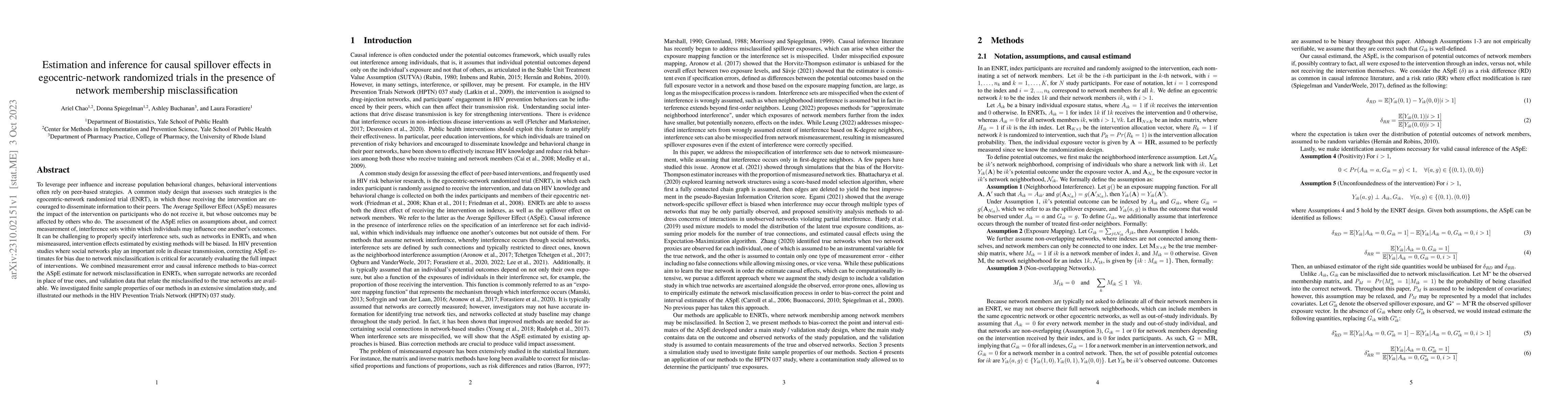 Thumbnail for Estimation and inference for causal spillover effects in
  egocentric-network randomized trials in the presence of network membership
  misclassification