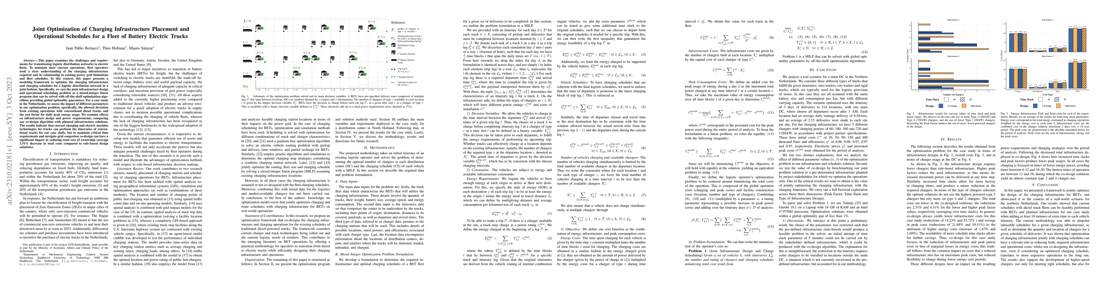Thumbnail for Joint Optimization of Charging Infrastructure Placement and Operational
  Schedules for a Fleet of Battery Electric Trucks