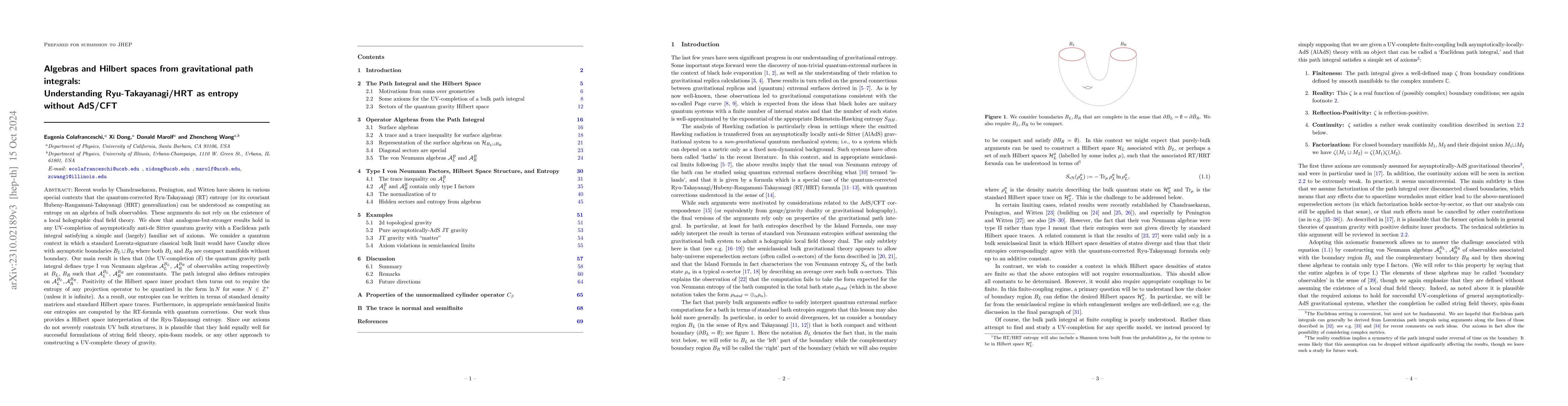 Thumbnail for Algebras and Hilbert spaces from gravitational path integrals:
  Understanding Ryu-Takayanagi/HRT as entropy without invoking holography