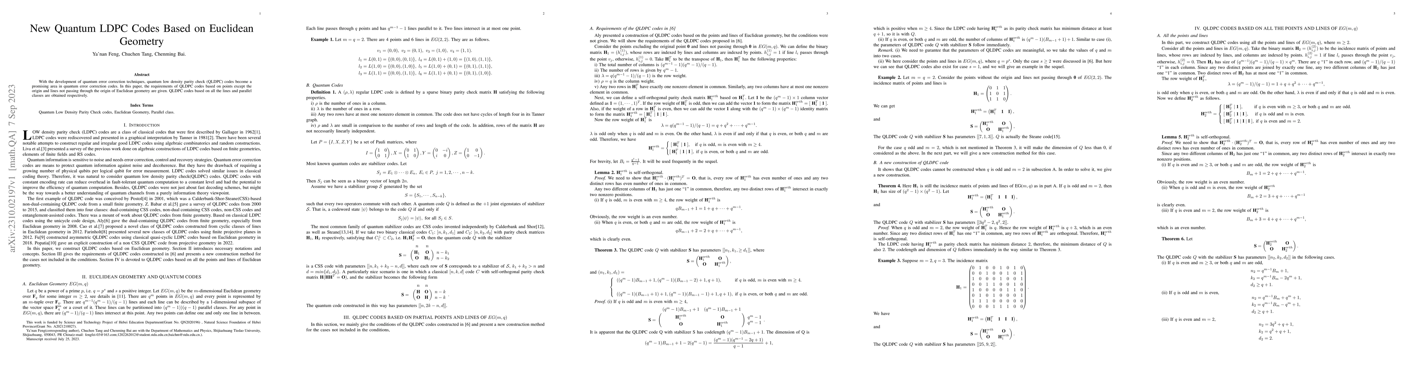 Thumbnail for New Quantum LDPC Codes Based on Euclidean Geometry