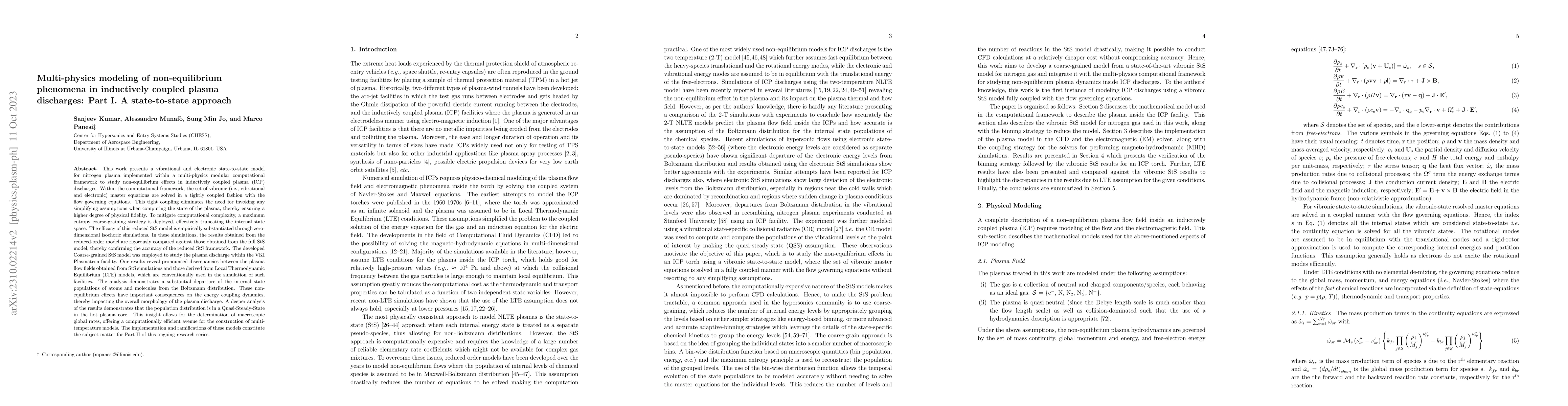 Thumbnail for Multi-physics modeling of non-equilibrium phenomena in inductively
  coupled plasma discharges: Part I. A state-to-state approach