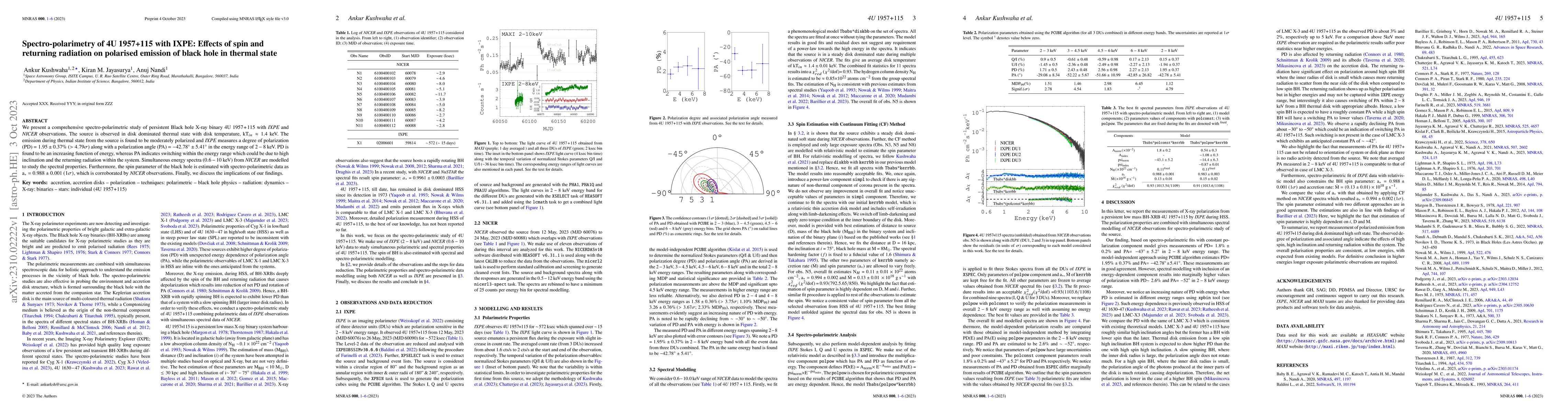Thumbnail for Spectro-polarimetry of 4U 1957+115 with IXPE: Effects of spin and
  returning radiation on polarised emission of black hole in thermal state