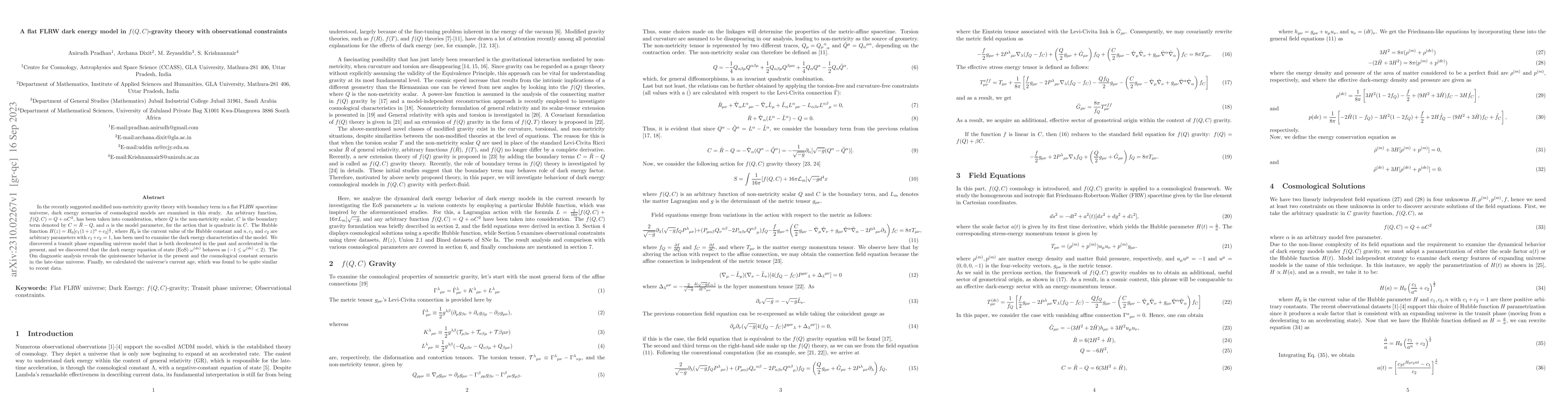 Thumbnail for A flat FLRW dark energy model in f(Q,C)-gravity theory with
  observational constraints