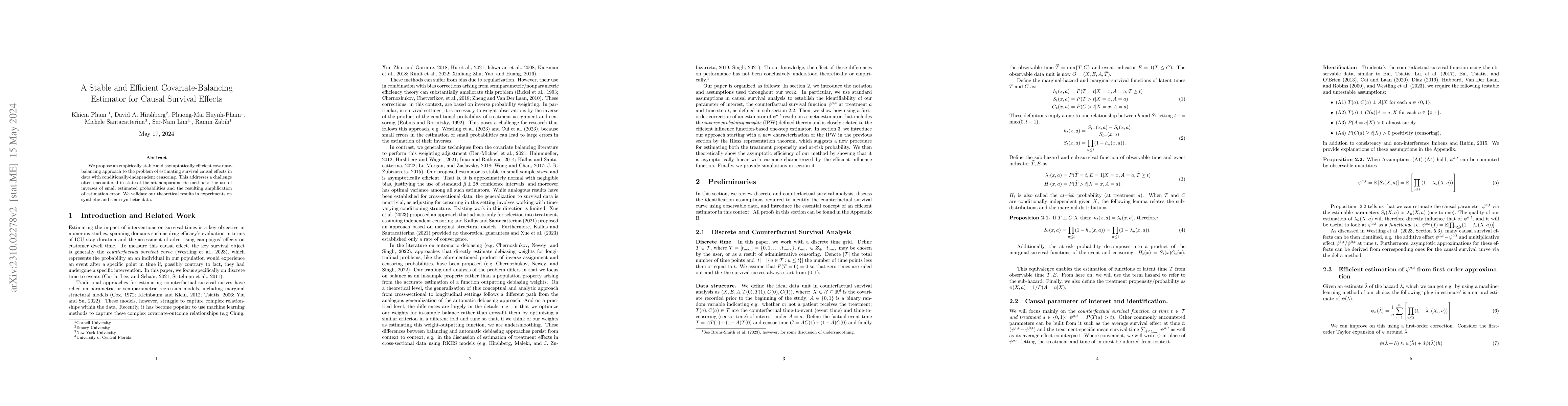 Thumbnail for A Stable and Efficient Covariate-Balancing Estimator for Causal Survival
  Effects