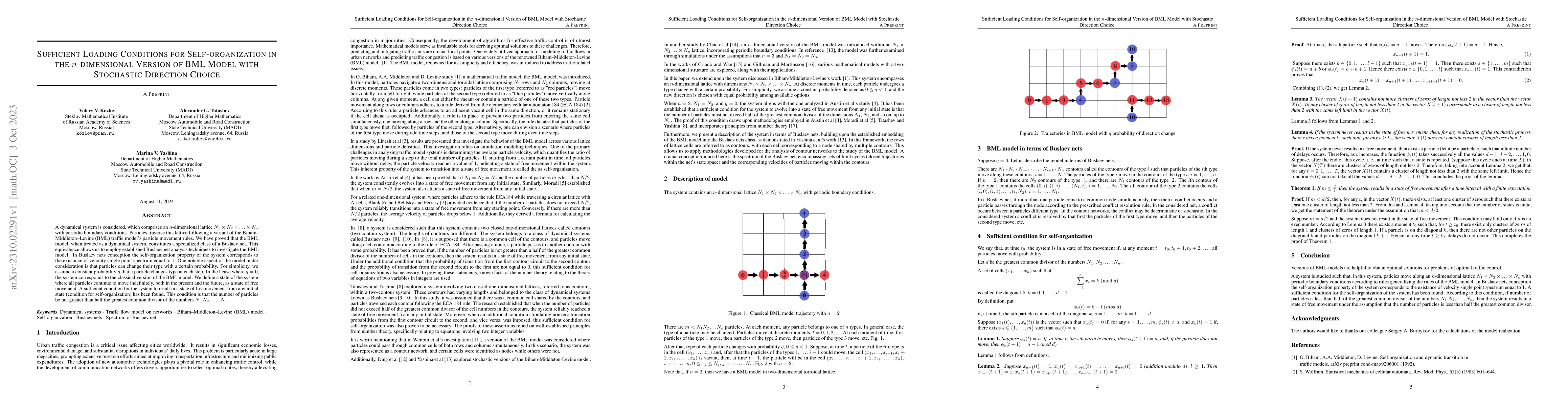 Thumbnail for Sufficient Loading Conditions for Self-organization in the
  $n$-dimensional Version of BML Model with Stochastic Direction Choice