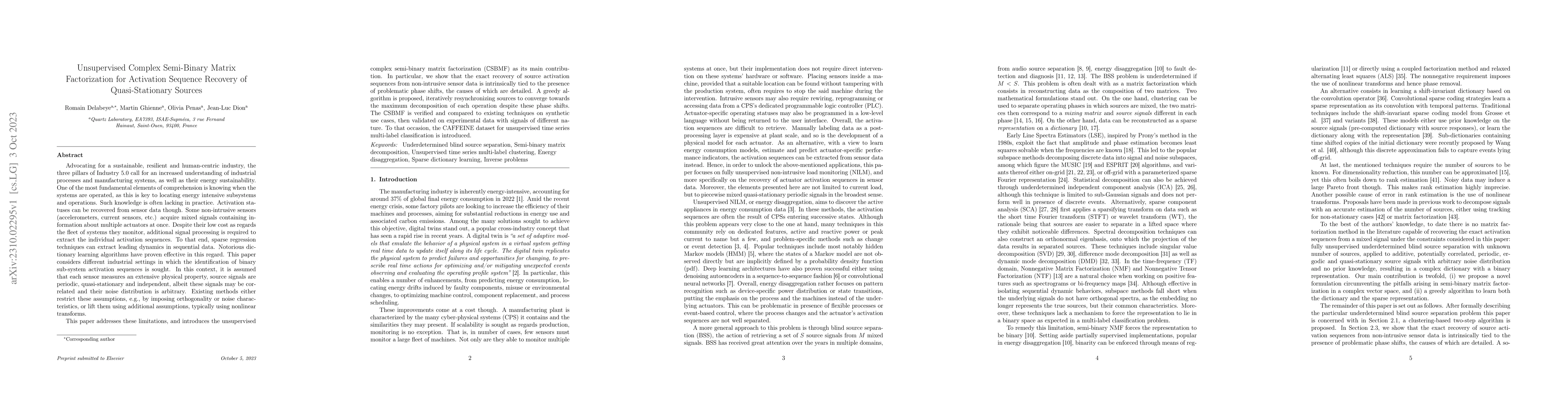 Thumbnail for Unsupervised Complex Semi-Binary Matrix Factorization for Activation
  Sequence Recovery of Quasi-Stationary Sources