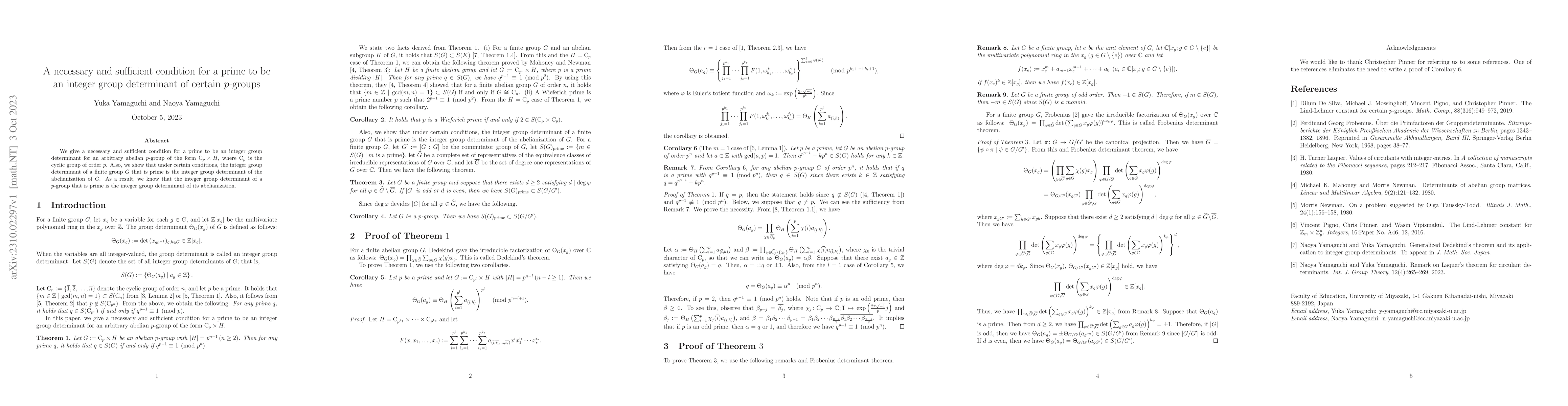 Thumbnail for A necessary and sufficient condition for a prime to be an integer group
  determinant of certain $p$-groups