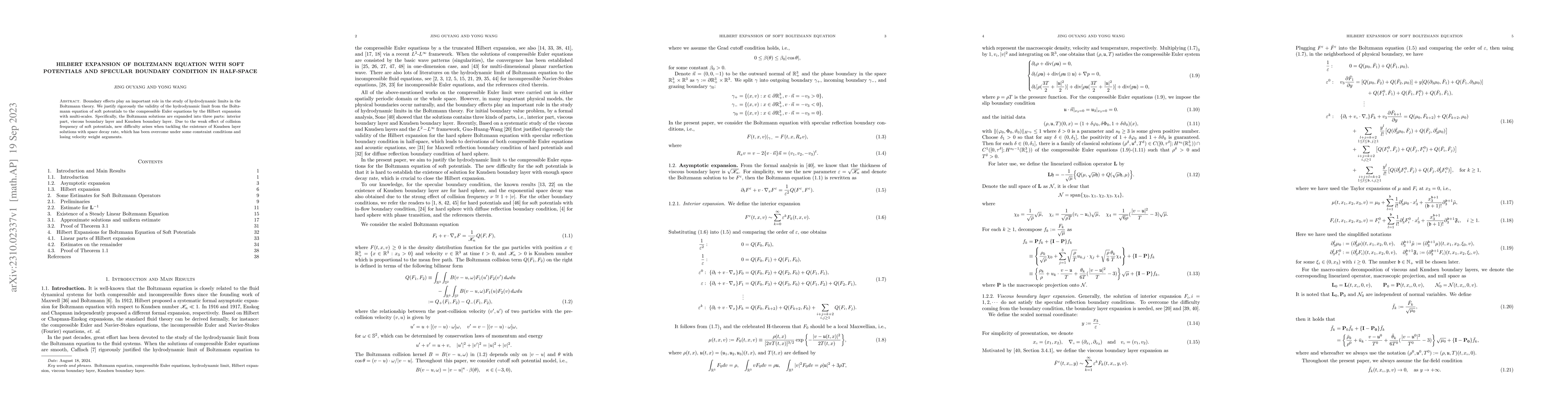 Thumbnail for Hilbert Expansion of Boltzmann Equation with Soft Potentials and
  Specular Boundary Condition in Half-space
