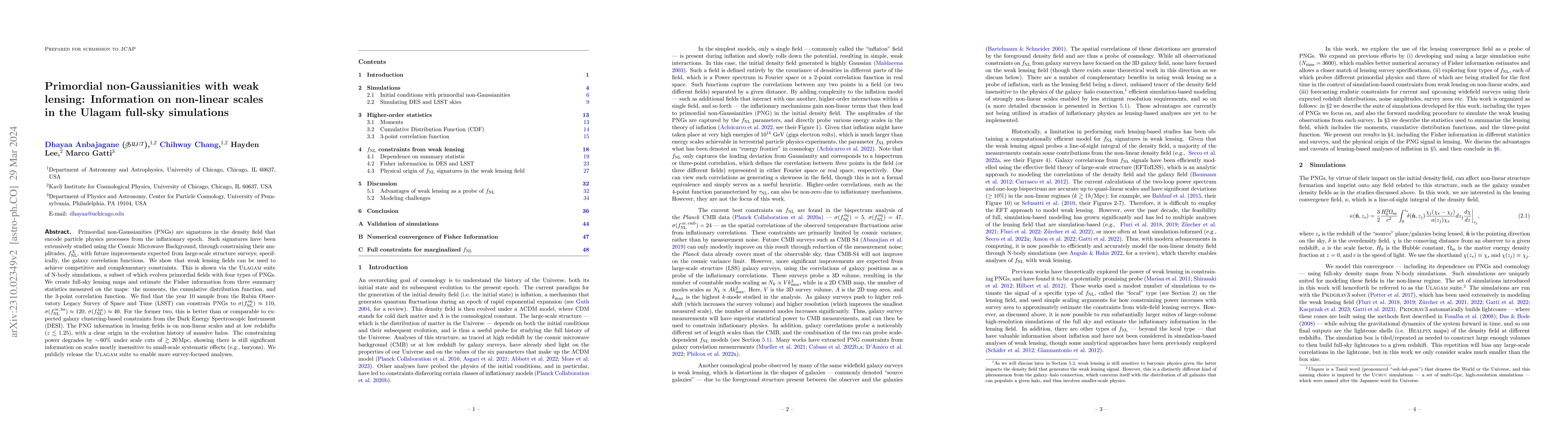 Thumbnail for Primordial non-Gaussianities with weak lensing: Information on
  non-linear scales in the Ulagam full-sky simulations