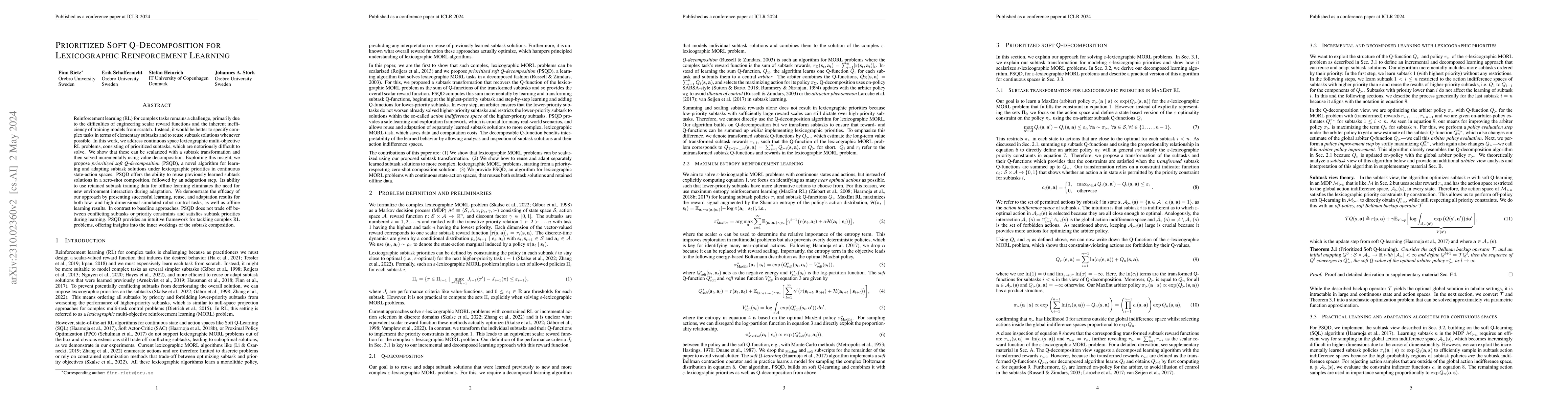 Thumbnail for Prioritized Soft Q-Decomposition for Lexicographic Reinforcement
  Learning