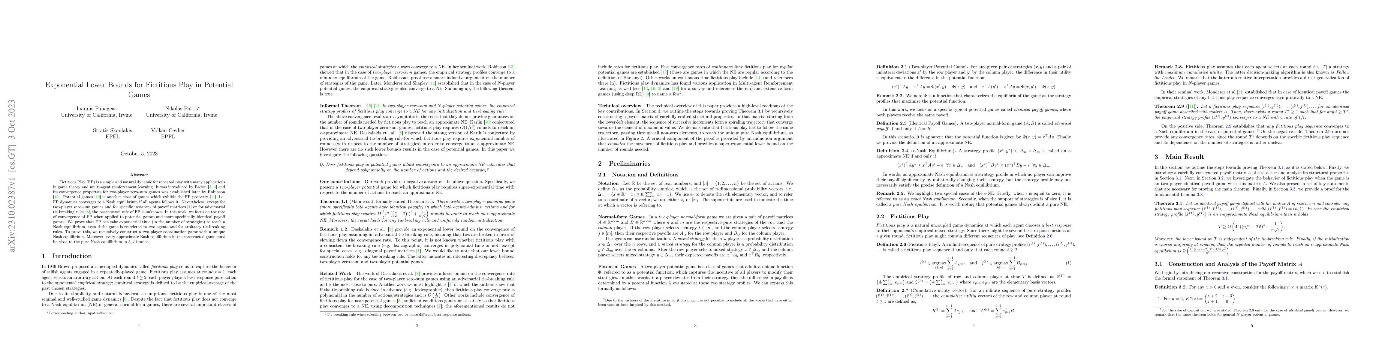 Thumbnail for Exponential Lower Bounds for Fictitious Play in Potential Games