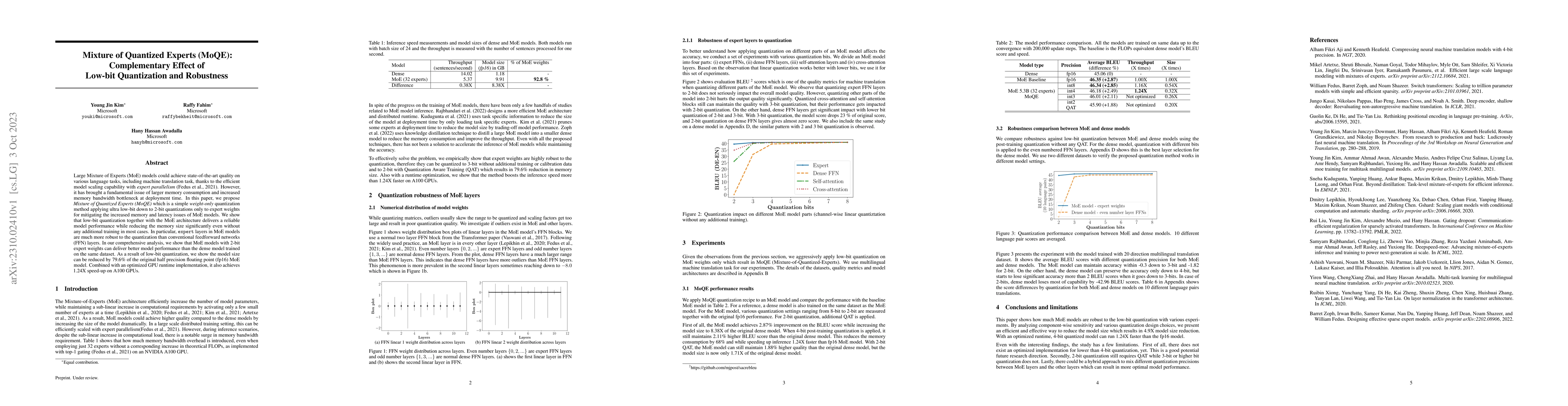 Thumbnail for Mixture of Quantized Experts (MoQE): Complementary Effect of Low-bit
  Quantization and Robustness