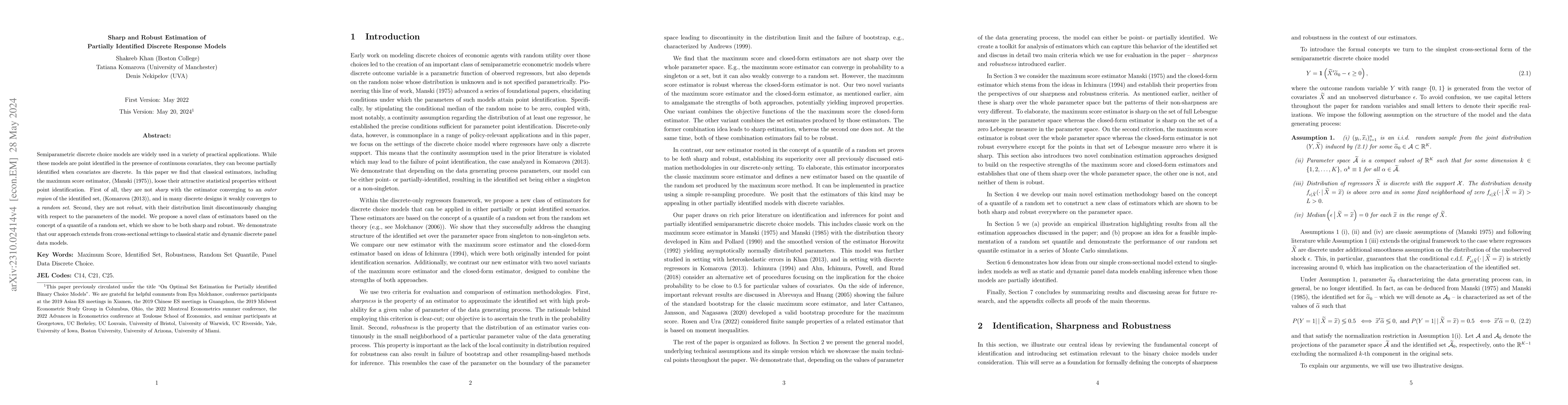 Thumbnail for Sharp and Robust Estimation of Partially Identified Discrete Response
  Models