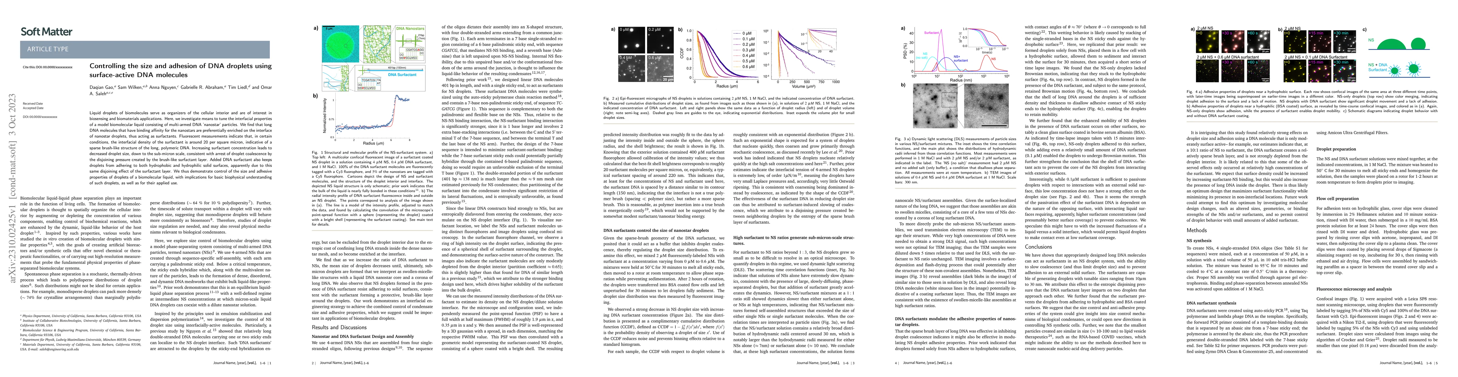 Thumbnail for Controlling the size and adhesion of DNA droplets using surface-active
  DNA molecules
