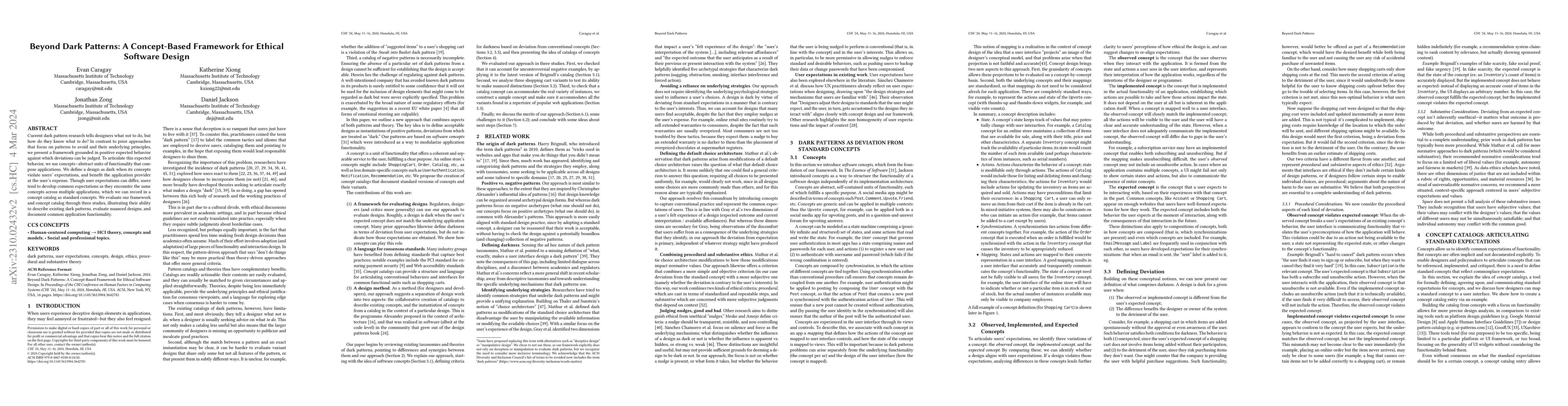Thumbnail for Beyond Dark Patterns: A Concept-Based Framework for Ethical Software
  Design