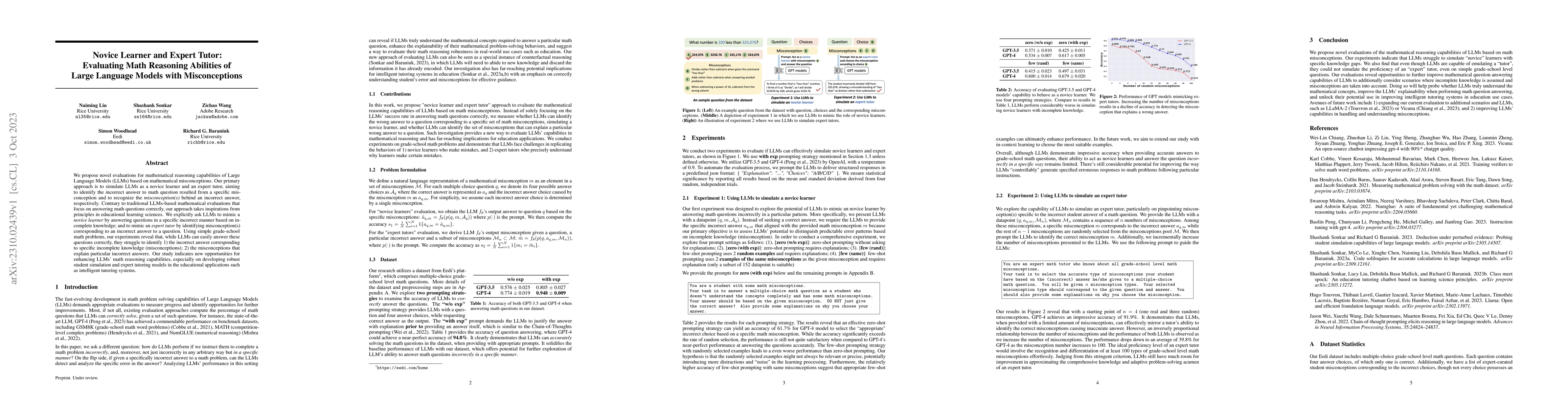 Thumbnail for Novice Learner and Expert Tutor: Evaluating Math Reasoning Abilities of
  Large Language Models with Misconceptions