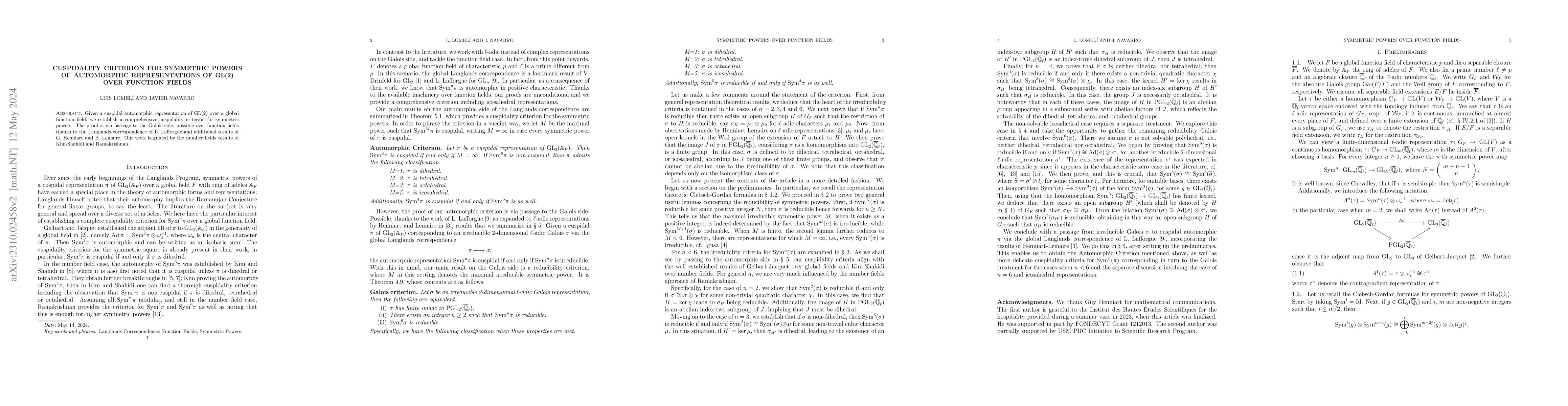 Thumbnail for Cuspidality criterion for symmetric powers of automorphic
  representations of GL(2) over function fields