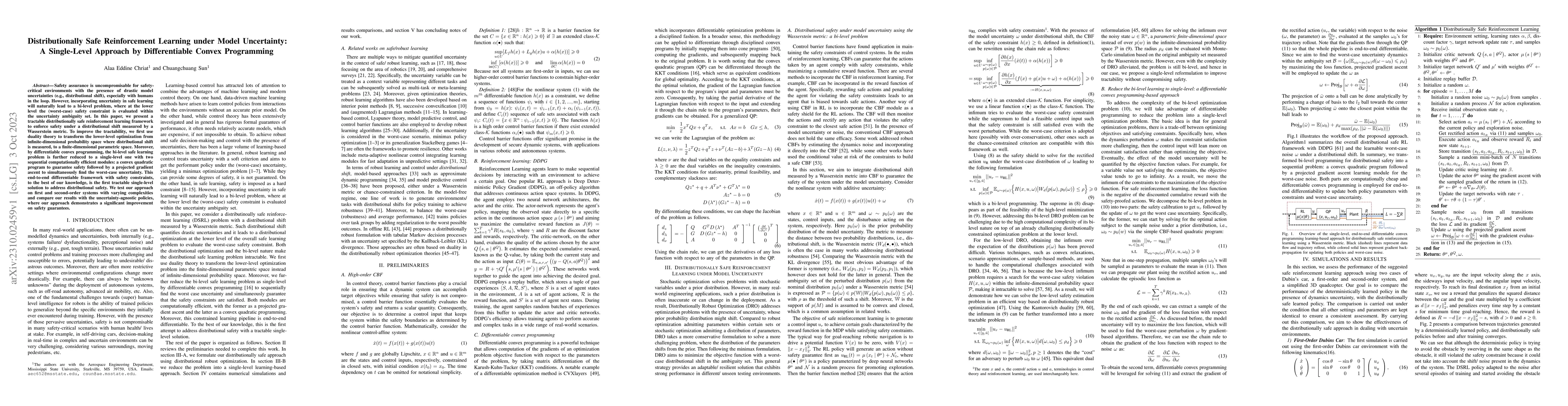 Thumbnail for Distributionally Safe Reinforcement Learning under Model Uncertainty: A
  Single-Level Approach by Differentiable Convex Programming
