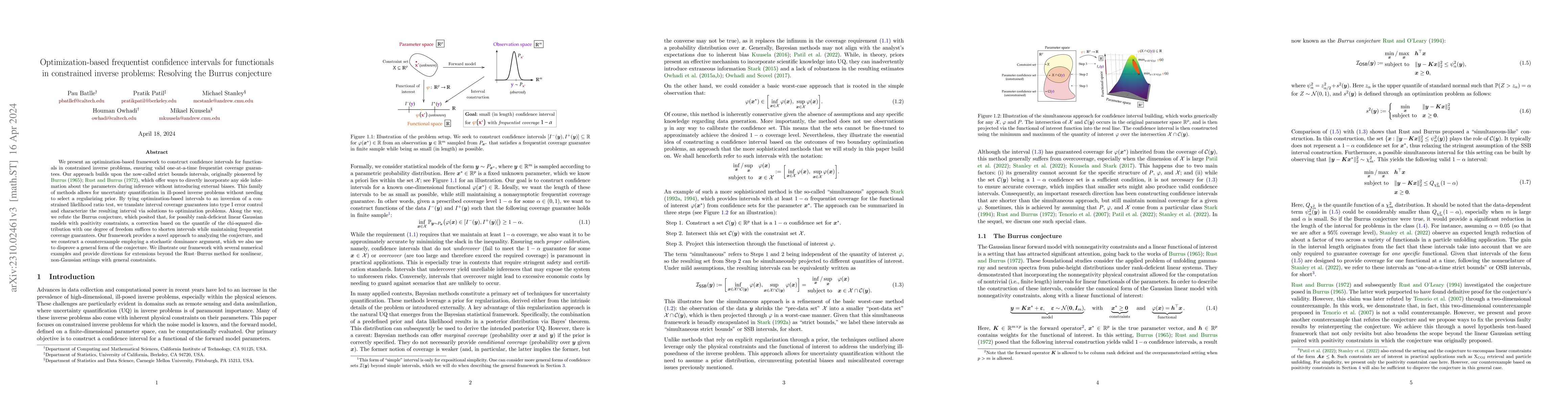 Thumbnail for Optimization-based frequentist confidence intervals for functionals in
  constrained inverse problems: Resolving the Burrus conjecture