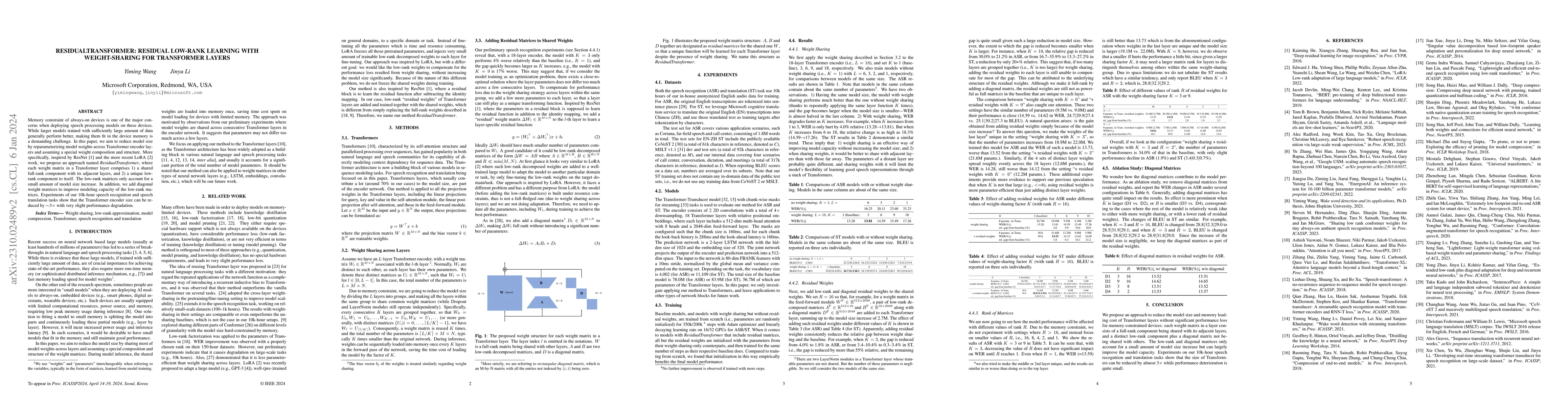 Thumbnail for ResidualTransformer: Residual Low-Rank Learning with Weight-Sharing for
  Transformer Layers