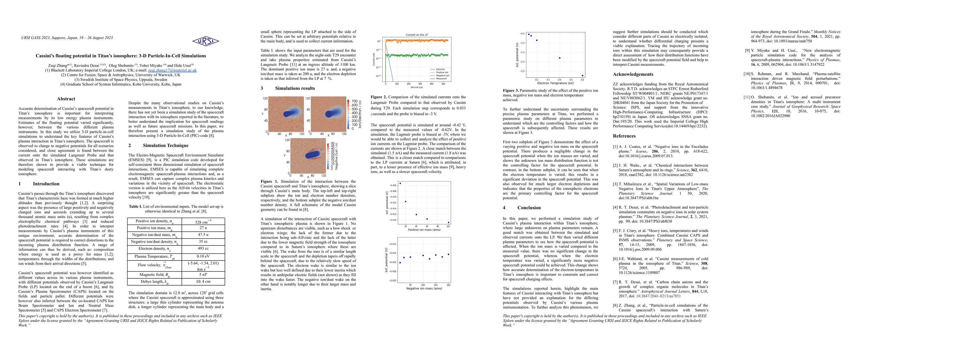 Thumbnail for Cassini's floating potential in Titan's ionosphere: 3-D Particle-In-Cell
  Simulations
