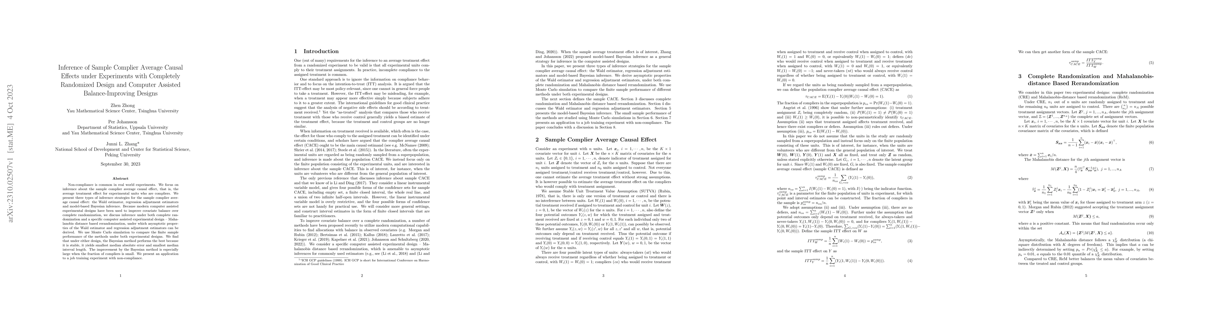 Thumbnail for Inference of Sample Complier Average Causal Effects under Experiments
  with Completely Randomized Design and Computer Assisted Balance-Improving
  Designs