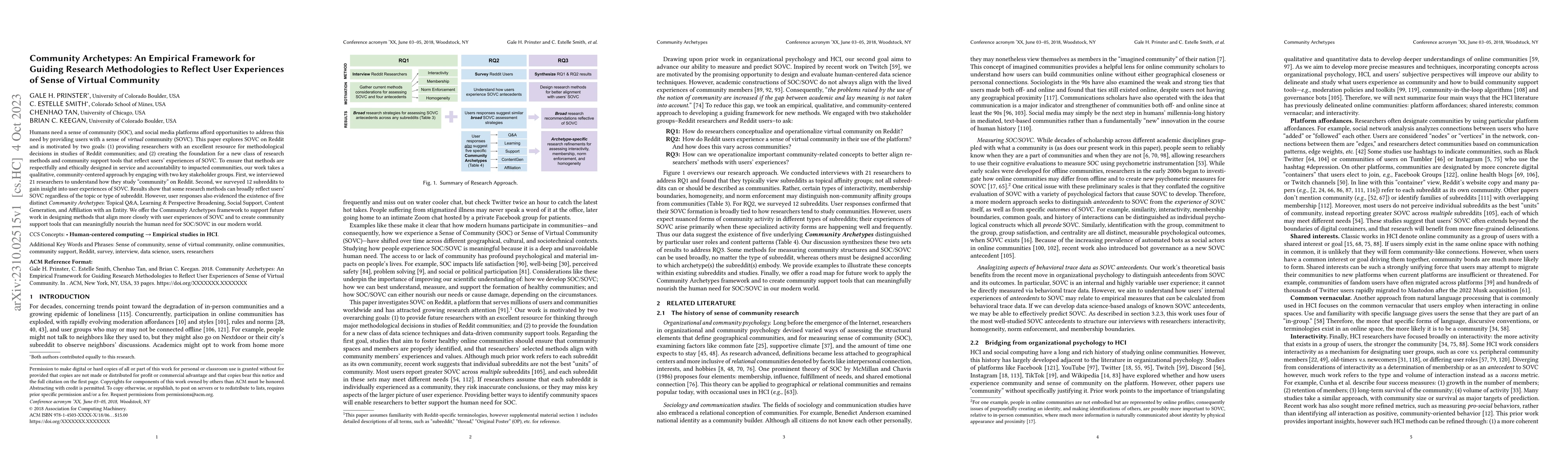 Thumbnail for Community Archetypes: An Empirical Framework for Guiding Research
  Methodologies to Reflect User Experiences of Sense of Virtual Community
