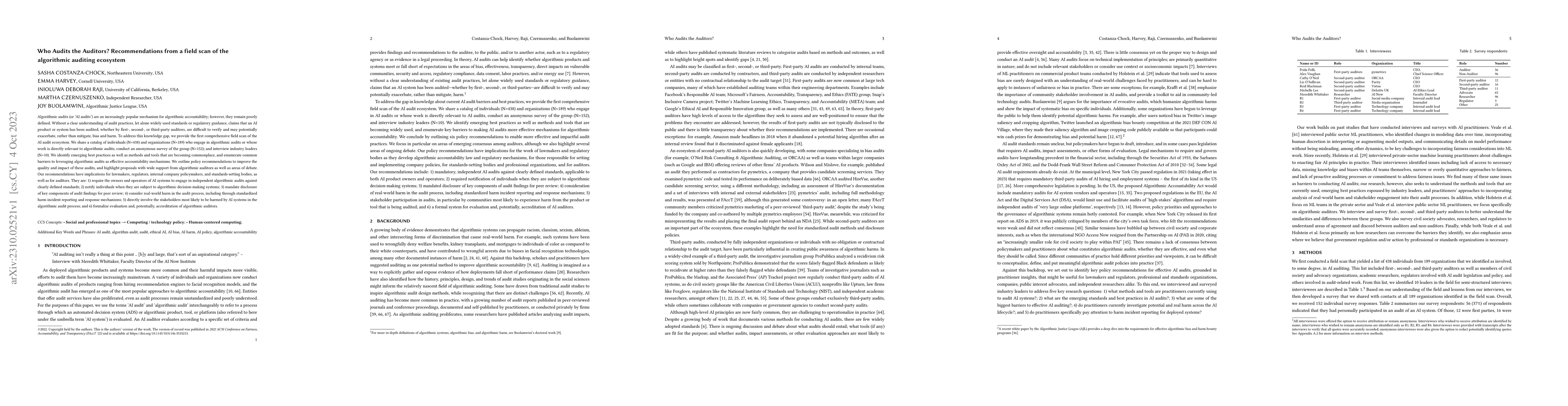 Thumbnail for Who Audits the Auditors? Recommendations from a field scan of the
  algorithmic auditing ecosystem