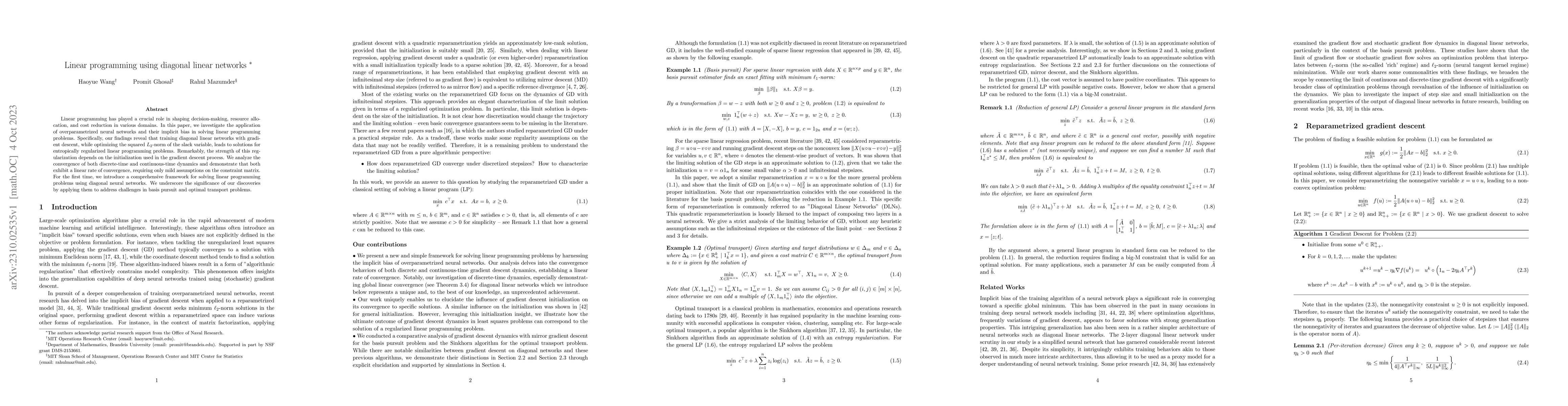 Thumbnail for Linear programming using diagonal linear networks