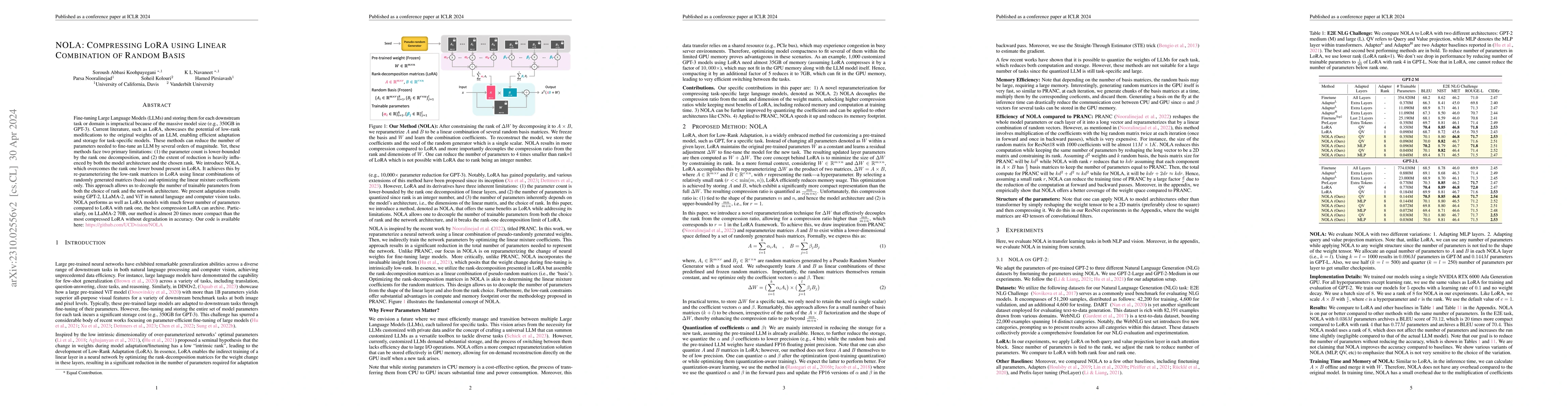 Thumbnail for NOLA: Compressing LoRA using Linear Combination of Random Basis