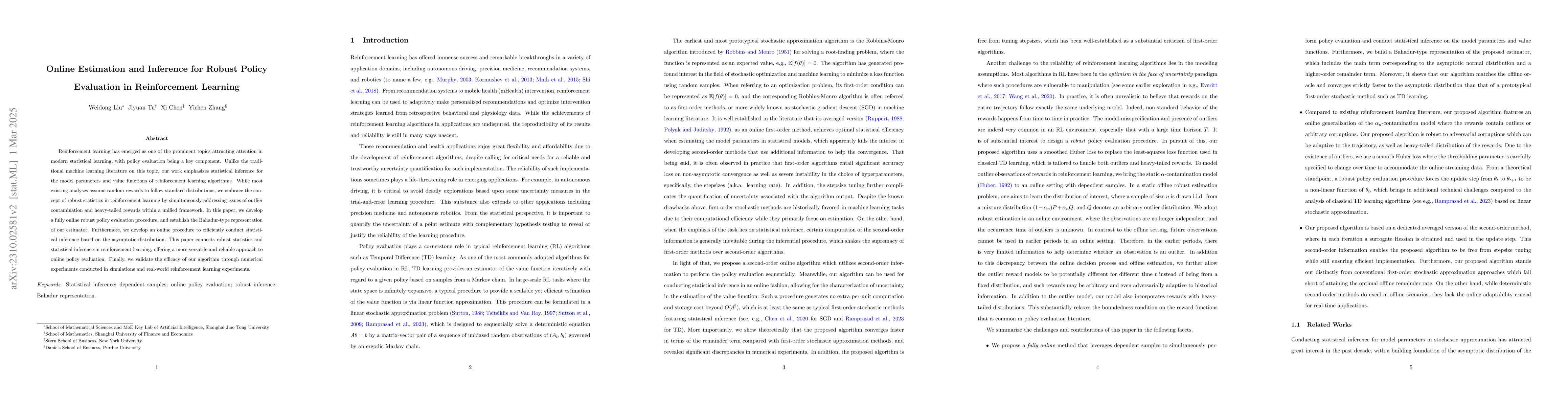 Thumbnail for Online Estimation and Inference for Robust Policy Evaluation in
  Reinforcement Learning