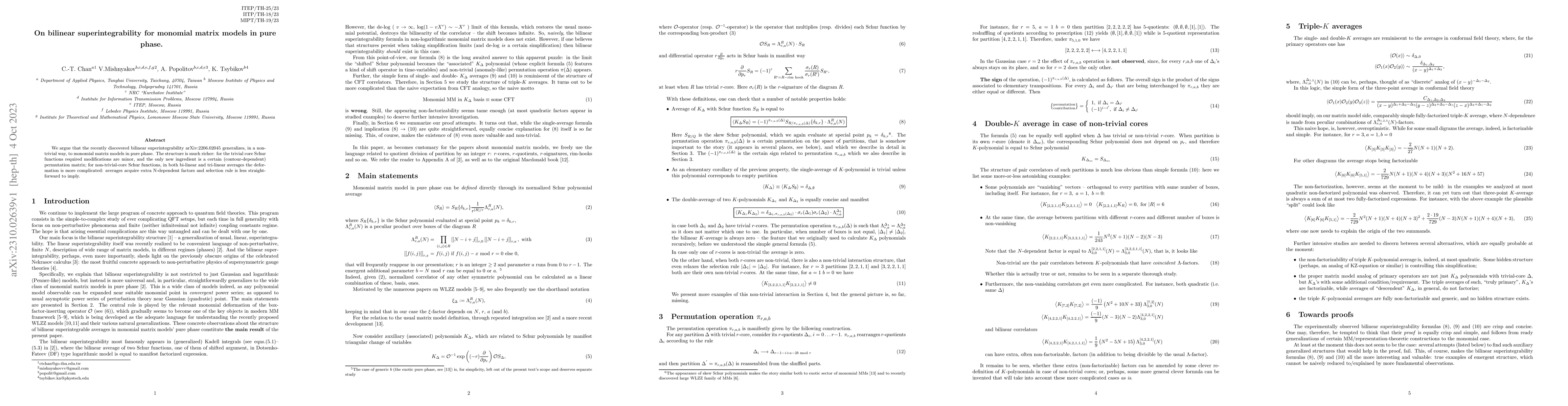 Thumbnail for On bilinear superintegrability for monomial matrix models in pure phase