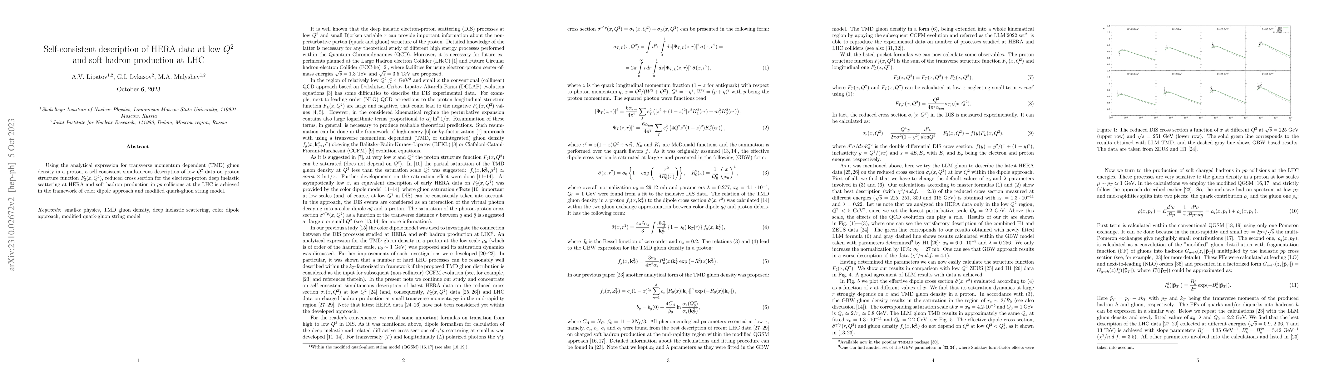 Thumbnail for Self-consistent description of HERA data at low $Q^2$ and soft hadron
  production at LHC