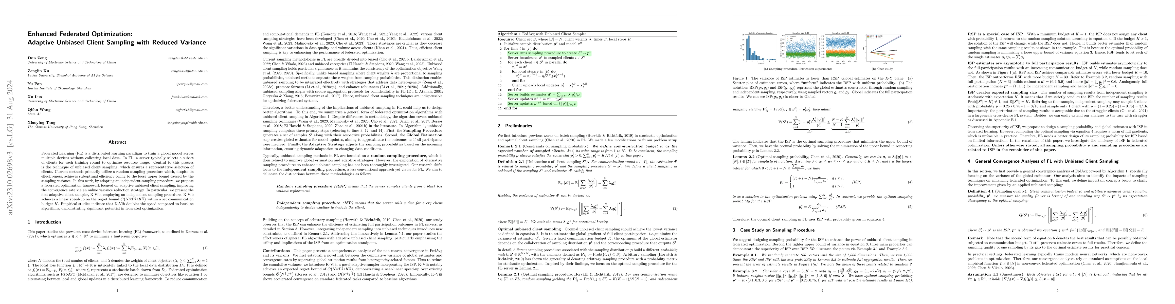 Thumbnail for Enhanced Federated Optimization: Adaptive Unbiased Sampling with Reduced
  Variance