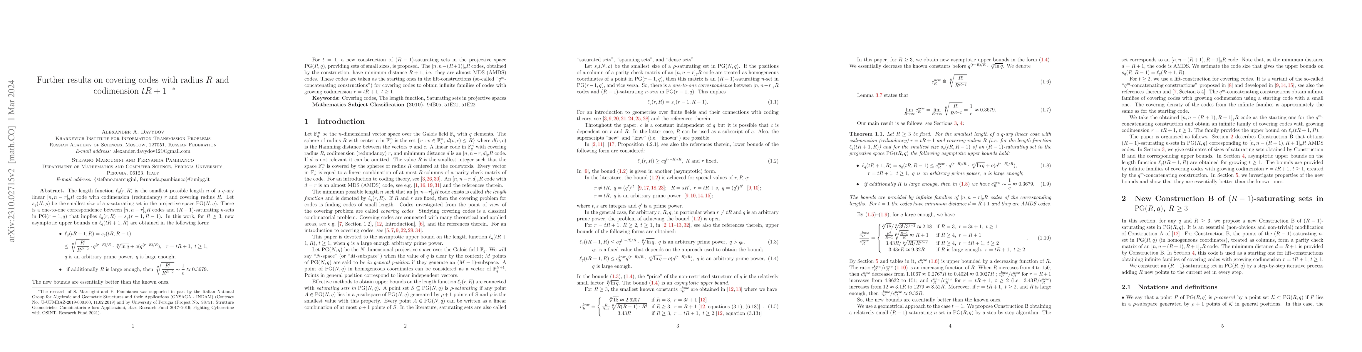Thumbnail for Further results on covering codes with radius R and codimension tR + 1