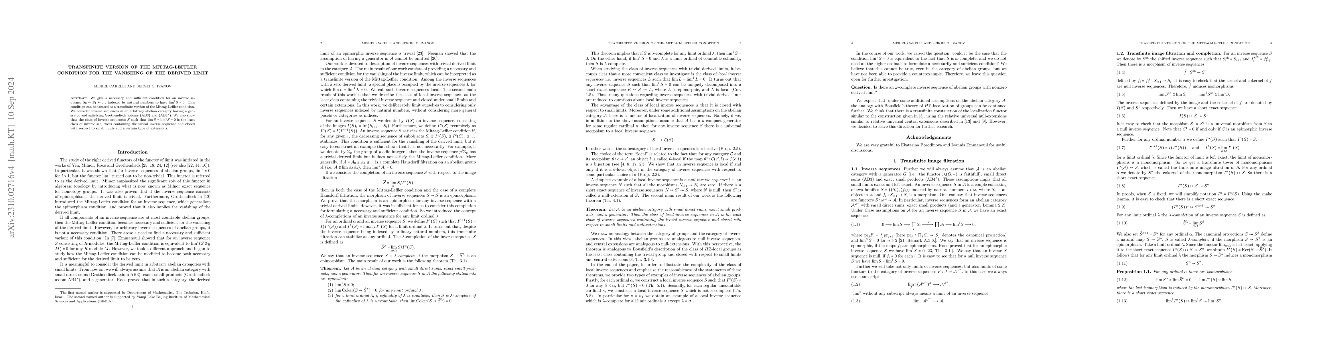 Thumbnail for Transfinite version of the Mittag-Leffler condition for the vanishing of
  the derived limit